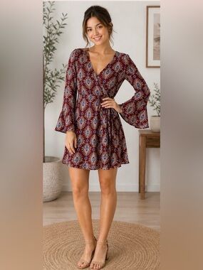 She + Sky Burgundy Bell Sleeve Faux Wrap Dress Size Small